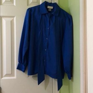 VINTAGE Knitmakers blue tie neck blouse